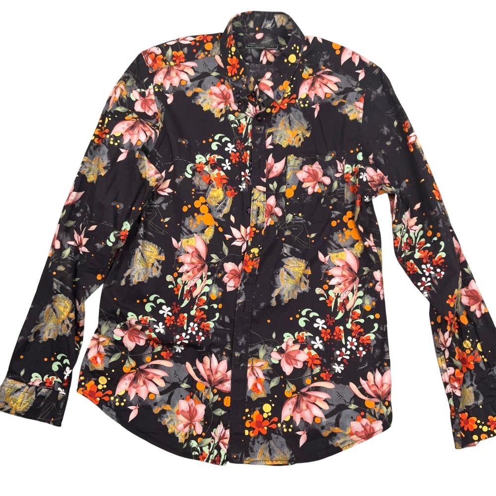 Paisley & Gray Shirt Mens L/17 Black Pink Floral Slim Fit Statement Stretch